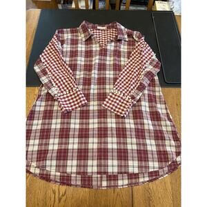 Southern Stitch Red White Plaid Woven Viscose Tunic Blouse Pom Pom Accent M